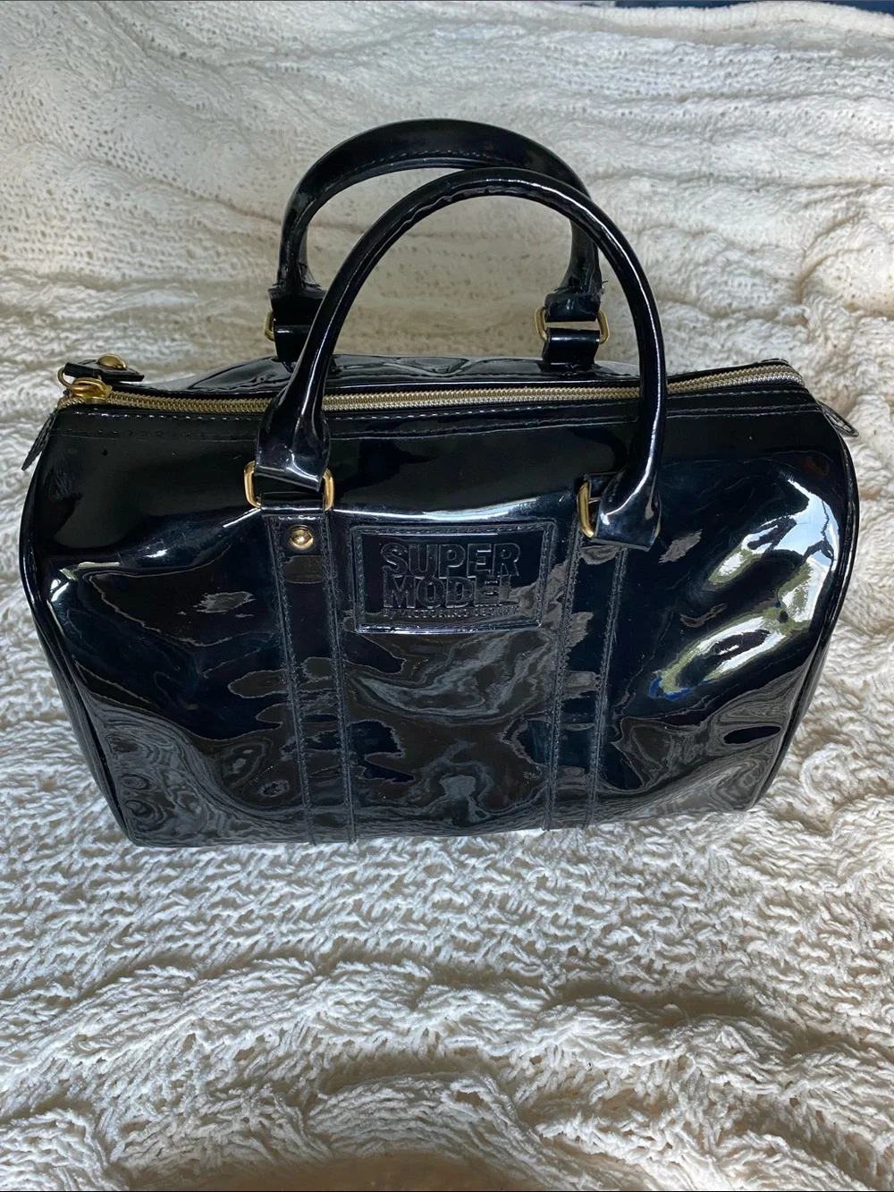 Victoria's Secret Y2K Black Patent Super Model Satchel with Gold Hardware